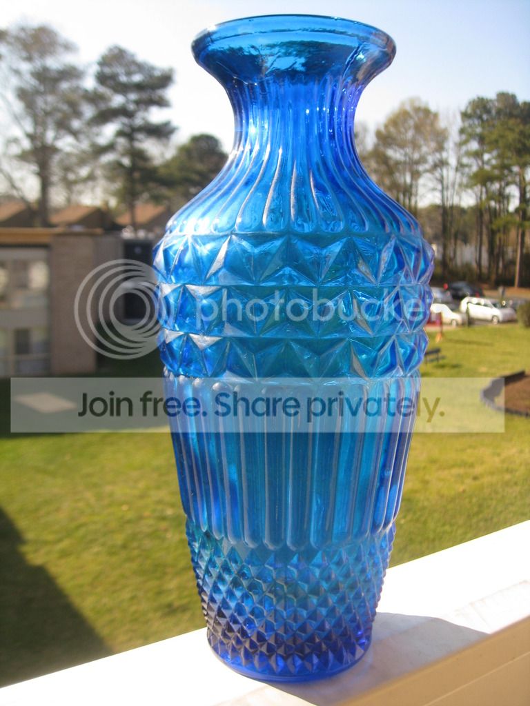 Blue Pressed Glass Vase, Partial Label Antiques Board