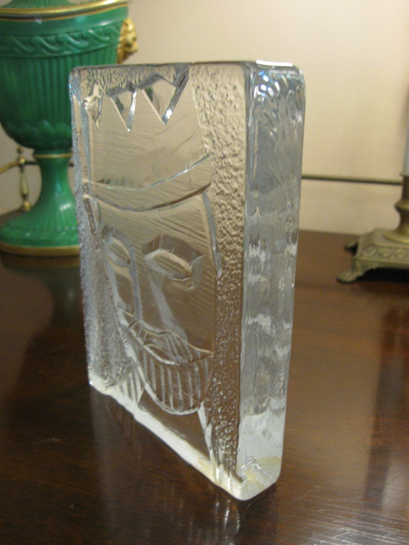 Clear Glass Plaque? Bookend? Paperweight? with King Antiques Board
