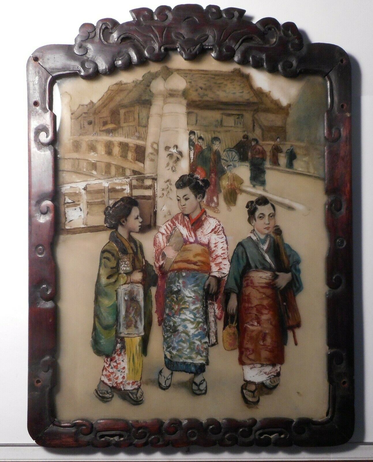 Antique Japanese Glass Reverse Painting Antiques Board